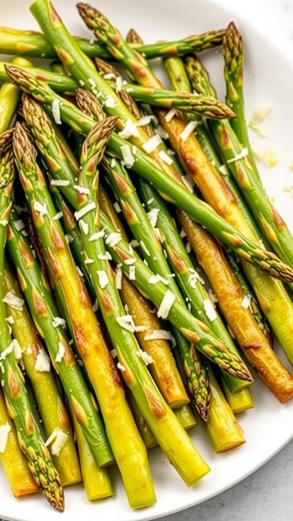 A plate of crispy air fryer asparagus garnished with Parmesan cheese.